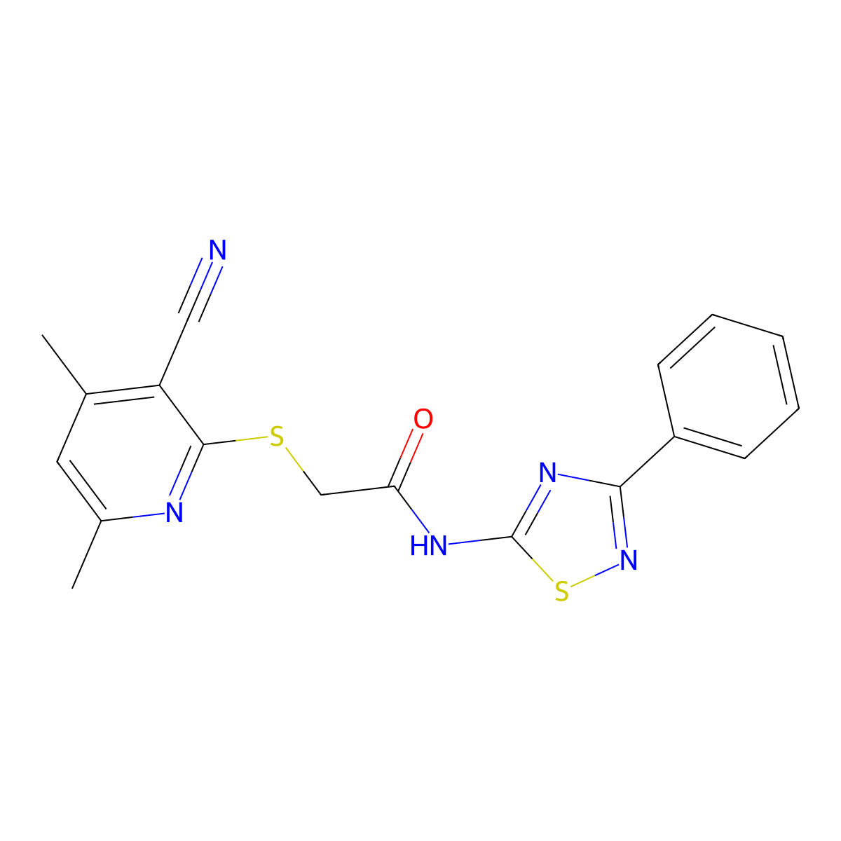 2-(3-cyano-4,6-dimethylpyridin-2-yl)sulfanyl-N-(3-phenyl-1,2,4-thiadiazol-5-yl)acetamide molecular structure, CAS 690270-00-9