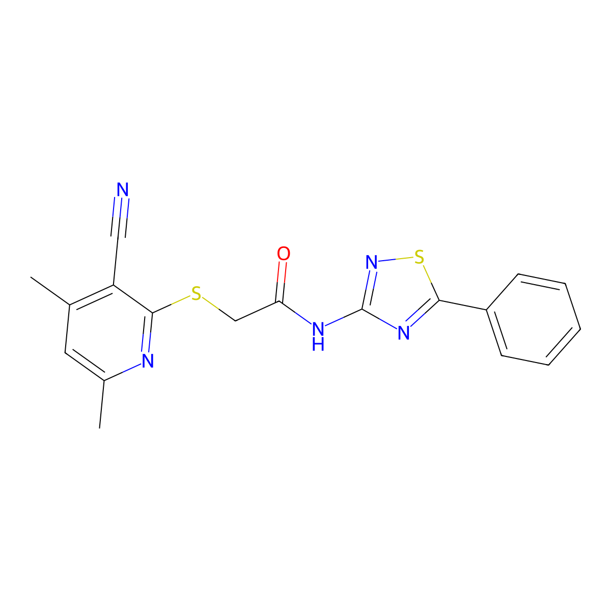 2-(3-cyano-4,6-dimethylpyridin-2-yl)sulfanyl-N-(5-phenyl-1,2,4-thiadiazol-3-yl)acetamide molecular structure, CAS 690270-01-0