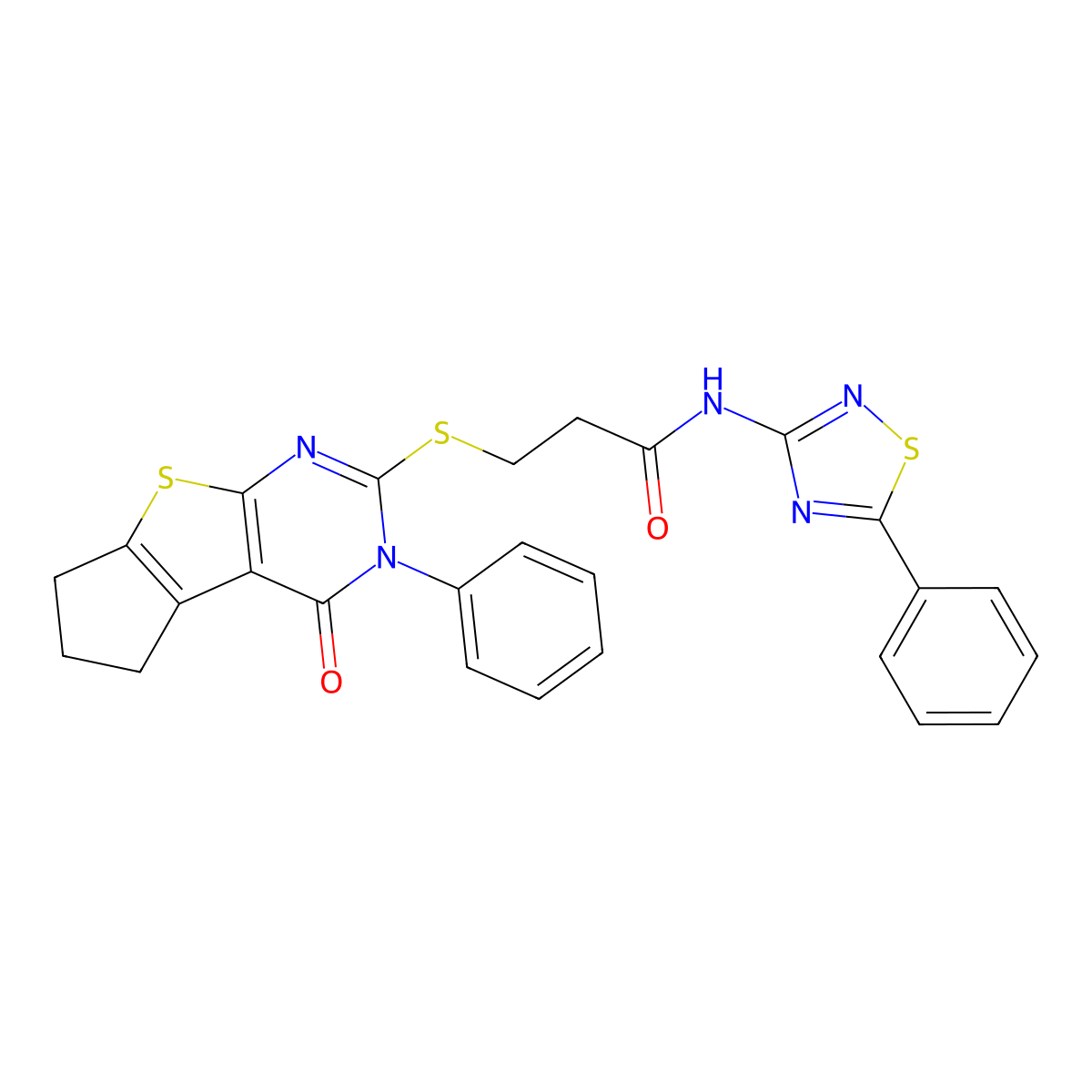 3-({12-oxo-11-phenyl-7-thia-9,11-diazatricyclo[6.4.0.0^{2,6}]dodeca-1(8),2(6),9-trien-10-yl}sulfanyl)-N-(5-phenyl-1,2,4-thiadiazol-3-yl)propanamide molecular structure, CAS 690270-02-1