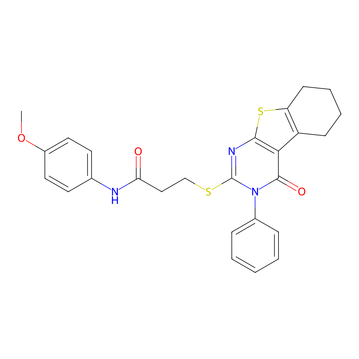 N-(4-methoxyphenyl)-3-[(4-oxo-3-phenyl-5,6,7,8-tetrahydro-[1]benzothiolo[2,3-d]pyrimidin-2-yl)sulfanyl]propanamide molecular structure, CAS 690270-03-2