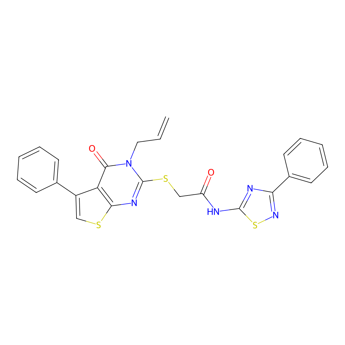 2-(4-oxo-5-phenyl-3-prop-2-enylthieno[2,3-d]pyrimidin-2-yl)sulfanyl-N-(3-phenyl-1,2,4-thiadiazol-5-yl)acetamide molecular structure, CAS 690270-50-9
