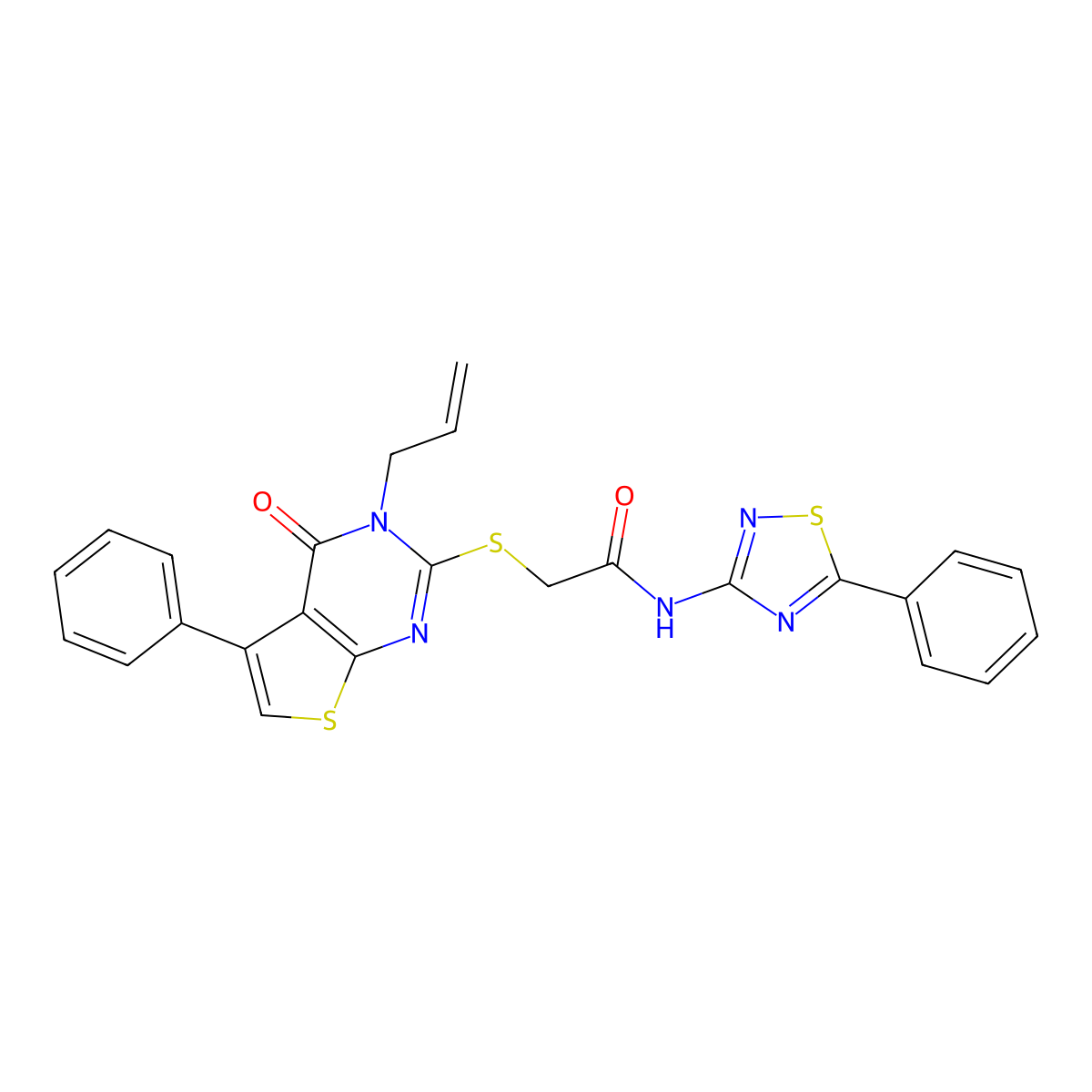2-(4-oxo-5-phenyl-3-prop-2-enylthieno[2,3-d]pyrimidin-2-yl)sulfanyl-N-(5-phenyl-1,2,4-thiadiazol-3-yl)acetamide molecular structure, CAS 690270-52-1