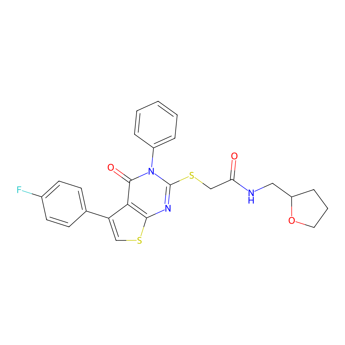 2-((5-(4-fluorophenyl)-4-oxo-3-phenyl-3,4-dihydrothieno[2,3-d]pyrimidin-2-yl)thio)-N-((tetrahydrofuran-2-yl)methyl)acetamide molecular structure, CAS 690270-92-9