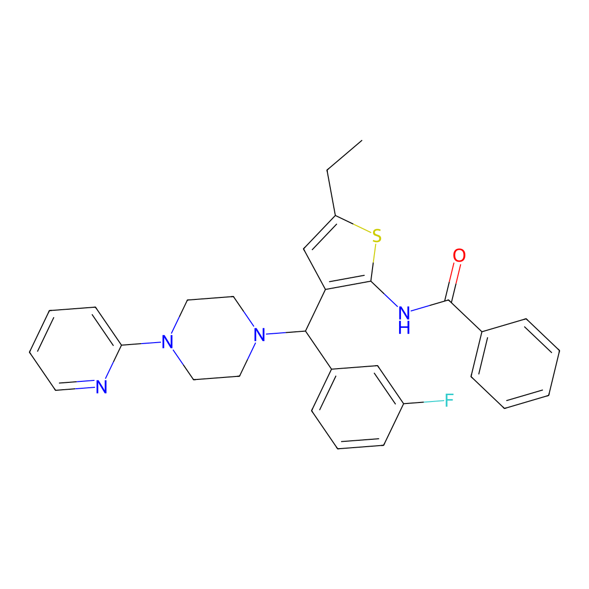 N-(5-ethyl-3-{(3-fluorophenyl)[4-(pyridin-2-yl)piperazin-1-yl]methyl}thiophen-2-yl)benzamide molecular structure, CAS 690640-28-9
