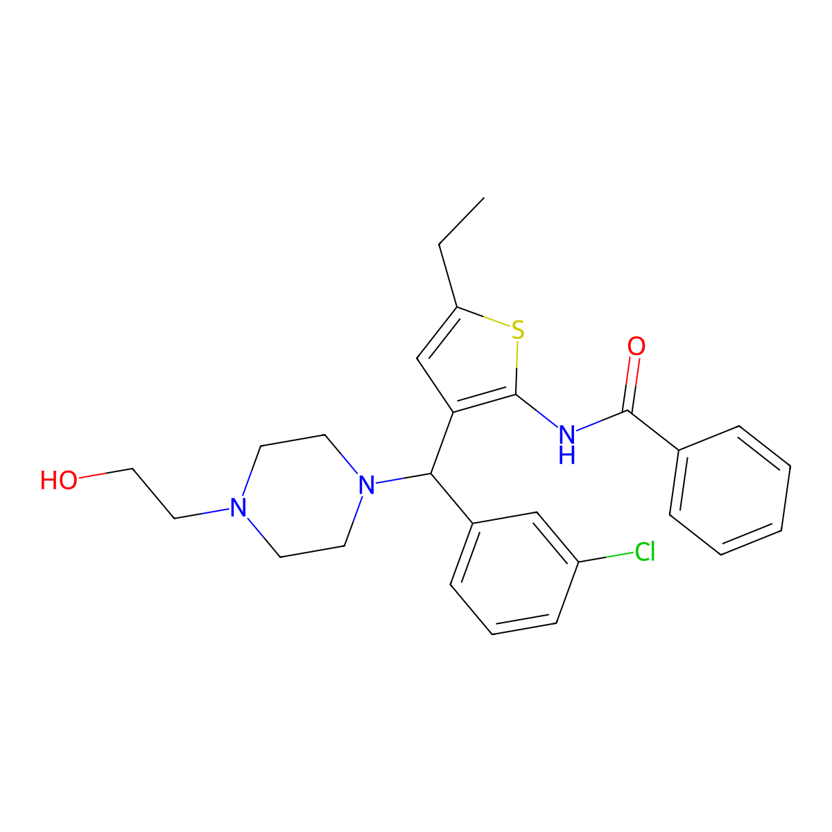 N-(3-((3-chlorophenyl)(4-(2-hydroxyethyl)piperazin-1-yl)methyl)-5-ethylthiophen-2-yl)benzamide molecular structure, CAS 690640-35-8