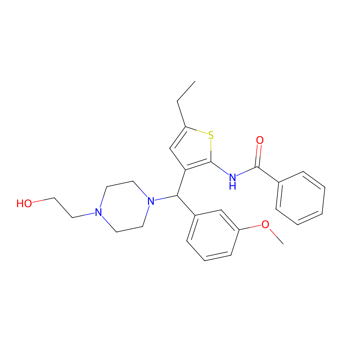 N-(5-ethyl-3-{[4-(2-hydroxyethyl)piperazin-1-yl](3-methoxyphenyl)methyl}thiophen-2-yl)benzamide molecular structure, CAS 690640-41-6