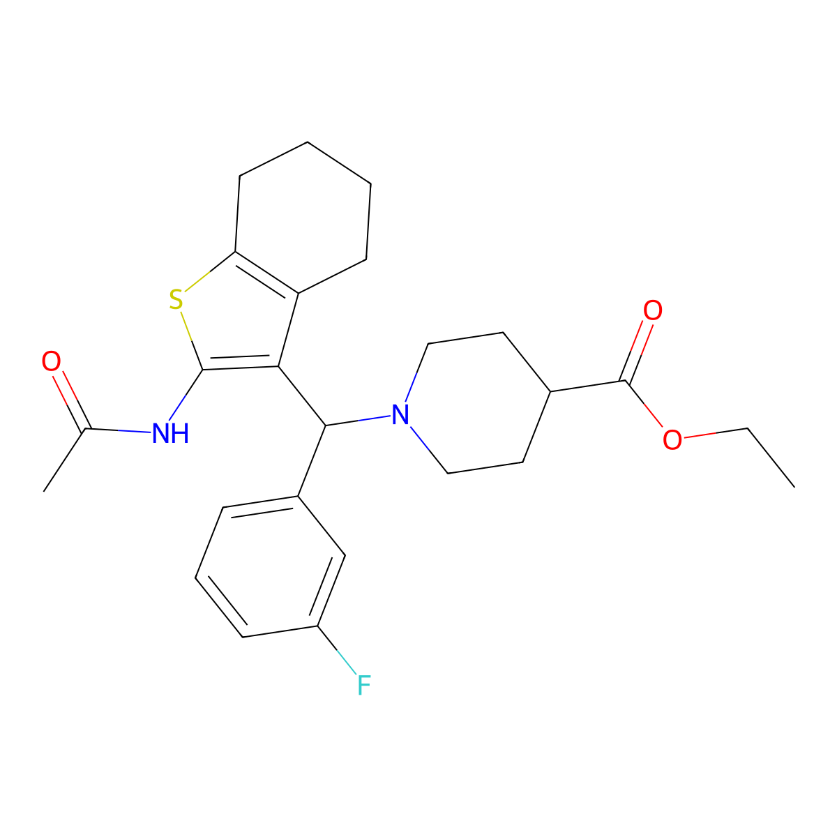 Ethyl 1-((2-acetamido-4,5,6,7-tetrahydrobenzo[b]thiophen-3-yl)(3-fluorophenyl)methyl)piperidine-4-carboxylate molecular structure, CAS 690640-66-5