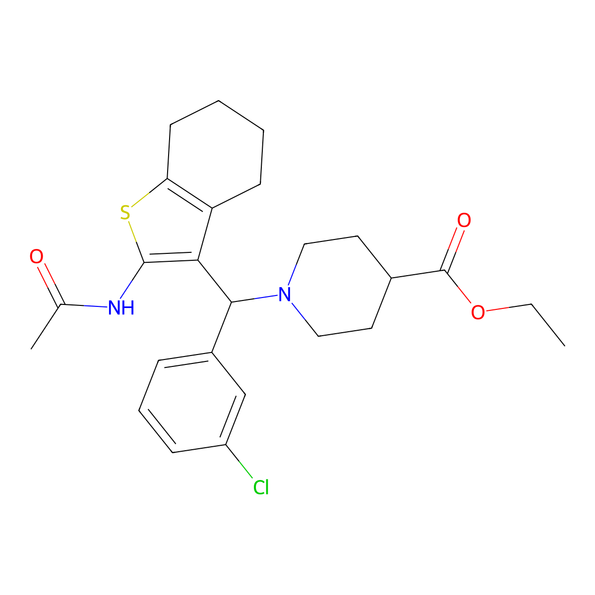 Ethyl 1-((2-acetamido-4,5,6,7-tetrahydrobenzo[b]thiophen-3-yl)(3-chlorophenyl)methyl)piperidine-4-carboxylate molecular structure, CAS 690640-67-6