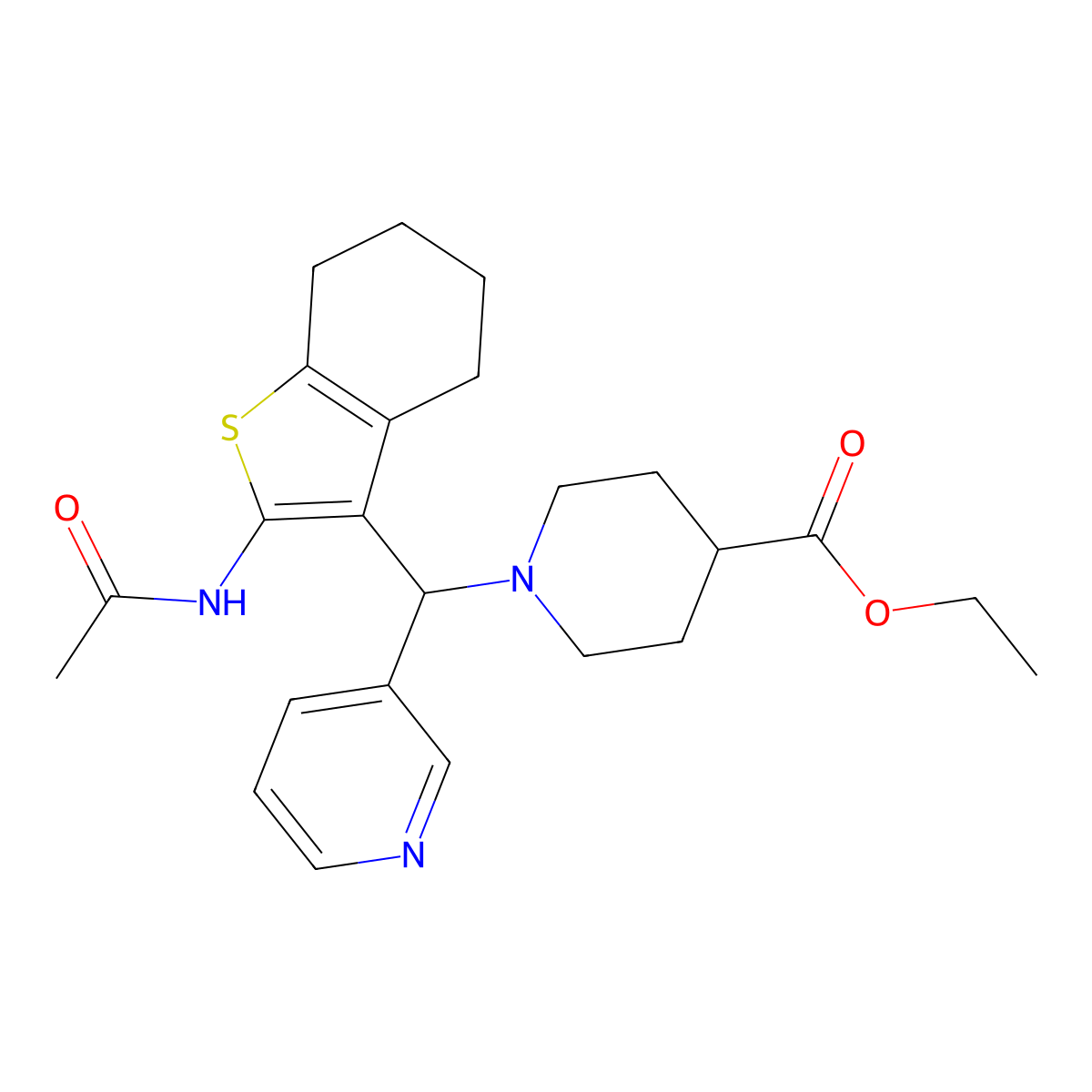 Ethyl 1-((2-acetamido-4,5,6,7-tetrahydrobenzo[b]thiophen-3-yl)(pyridin-3-yl)methyl)piperidine-4-carboxylate molecular structure, CAS 690640-71-2