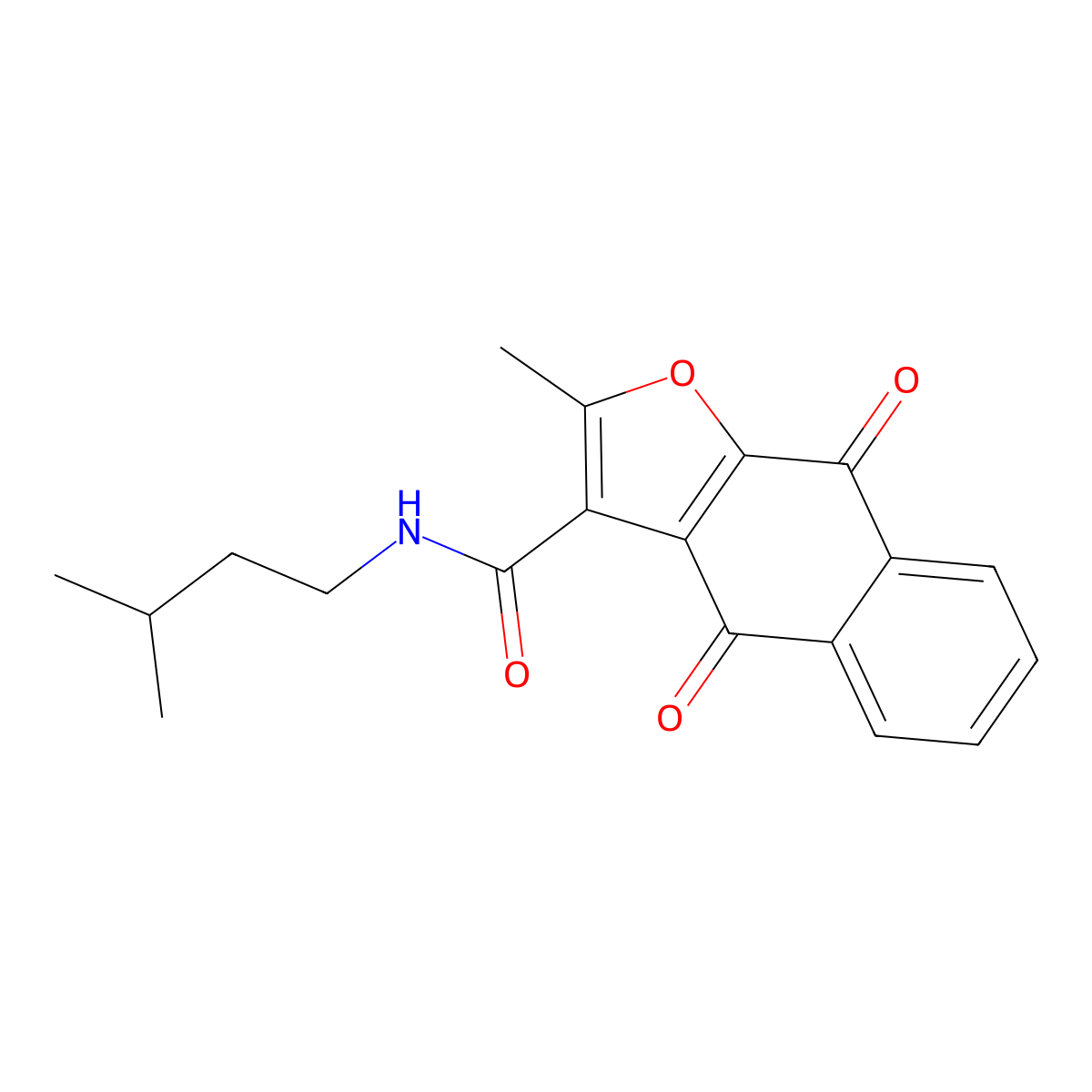 N-isopentyl-2-methyl-4,9-dioxo-4,9-dihydronaphtho[2,3-b]furan-3-carboxamide molecular structure, CAS 690640-95-0