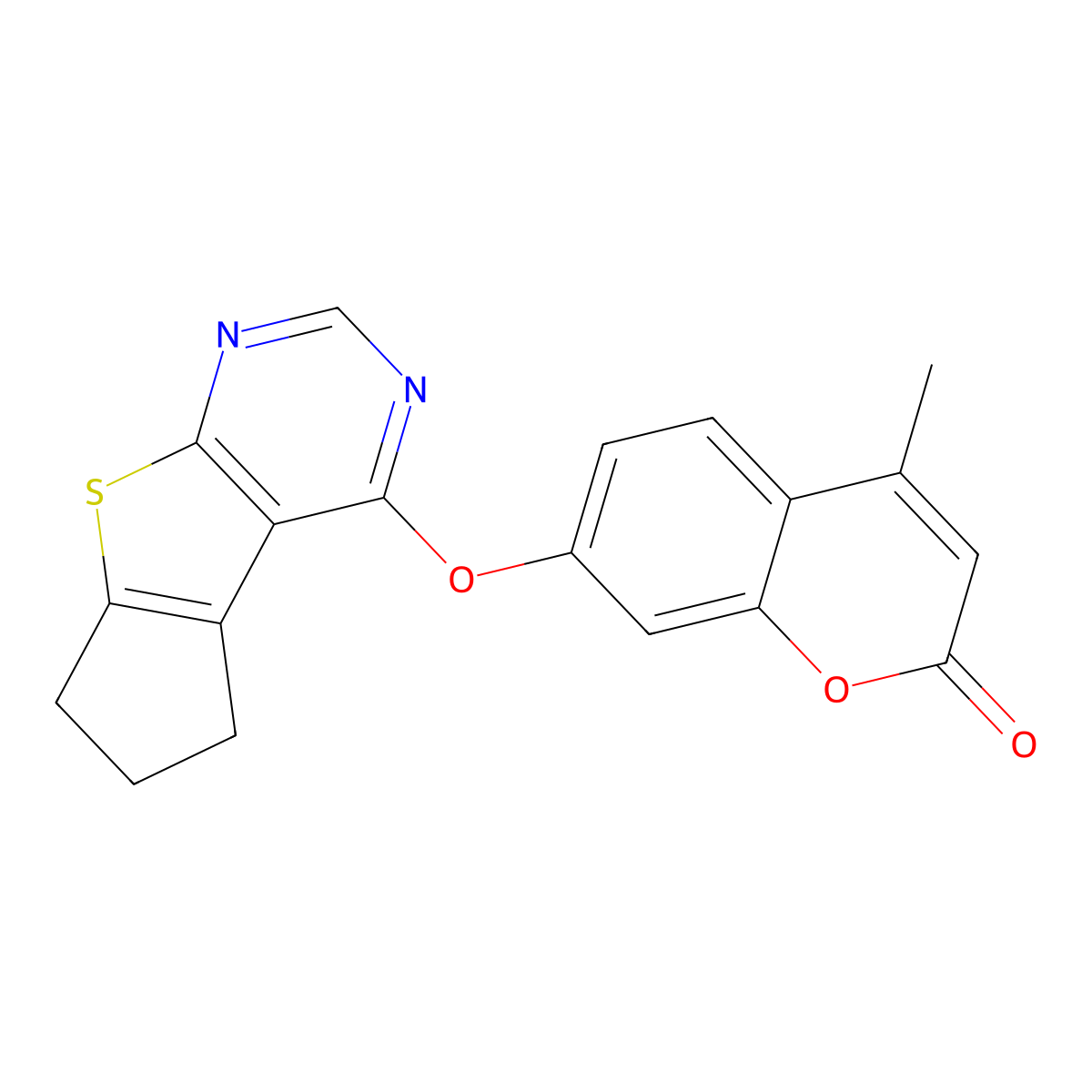 7-((6,7-dihydro-5H-cyclopenta[4,5]thieno[2,3-d]pyrimidin-4-yl)oxy)-4-methyl-2H-chromen-2-one molecular structure, CAS 690641-05-5
