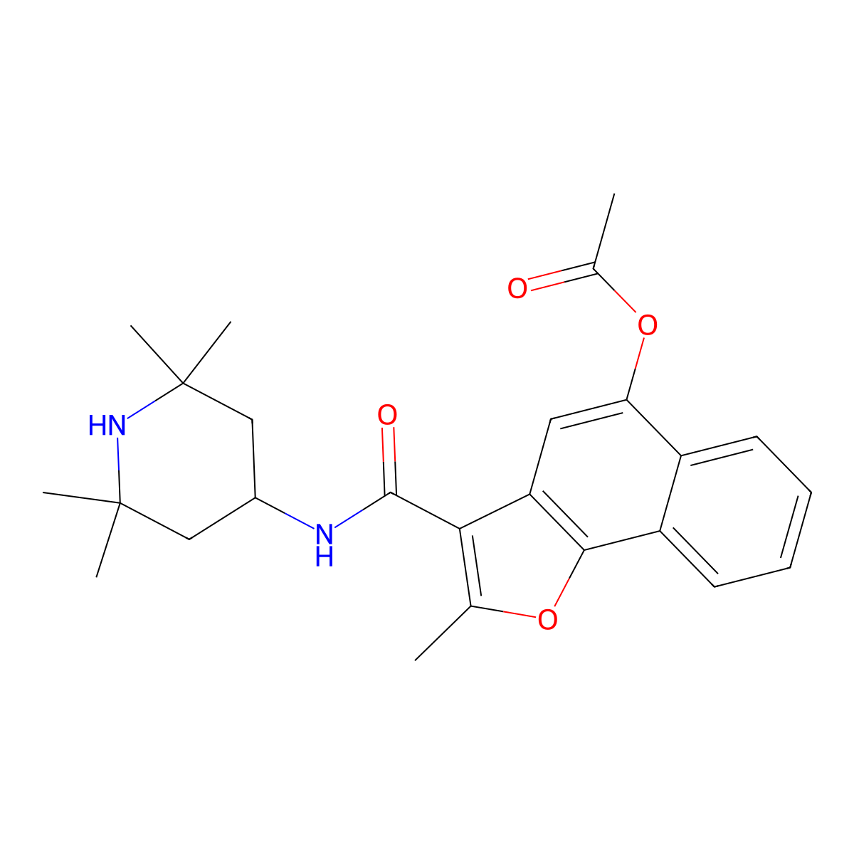 2-Methyl-3-((2,2,6,6-tetramethylpiperidin-4-yl)carbamoyl)naphtho[1,2-b]furan-5-yl acetate molecular structure, CAS 690641-20-4