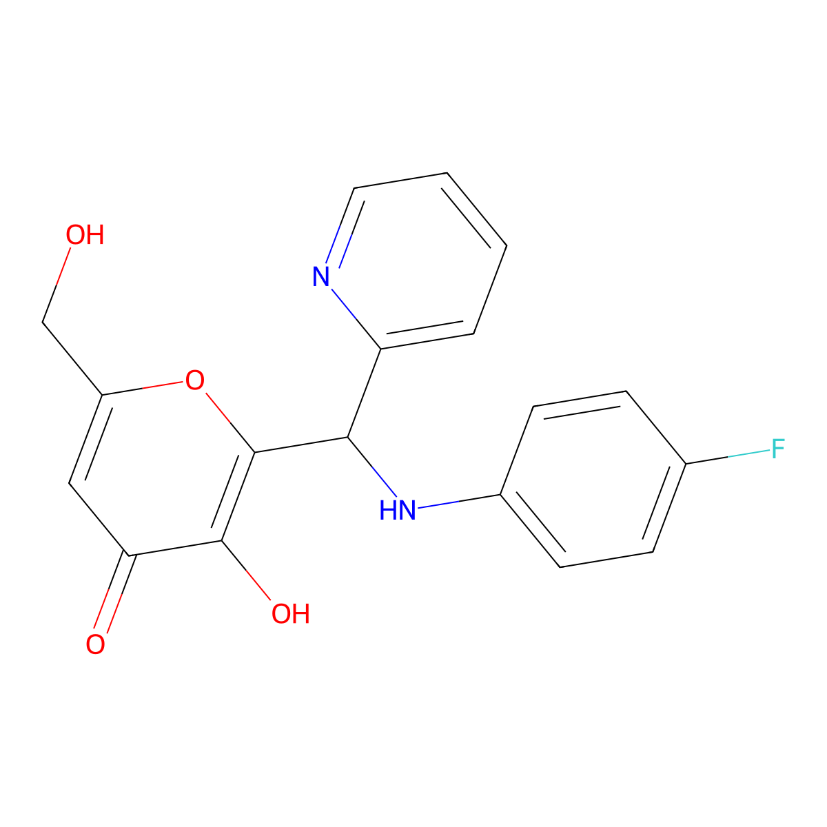 2-{[(4-fluorophenyl)amino](pyridin-2-yl)methyl}-3-hydroxy-6-(hydroxymethyl)-4H-pyran-4-one molecular structure, CAS 690641-23-7