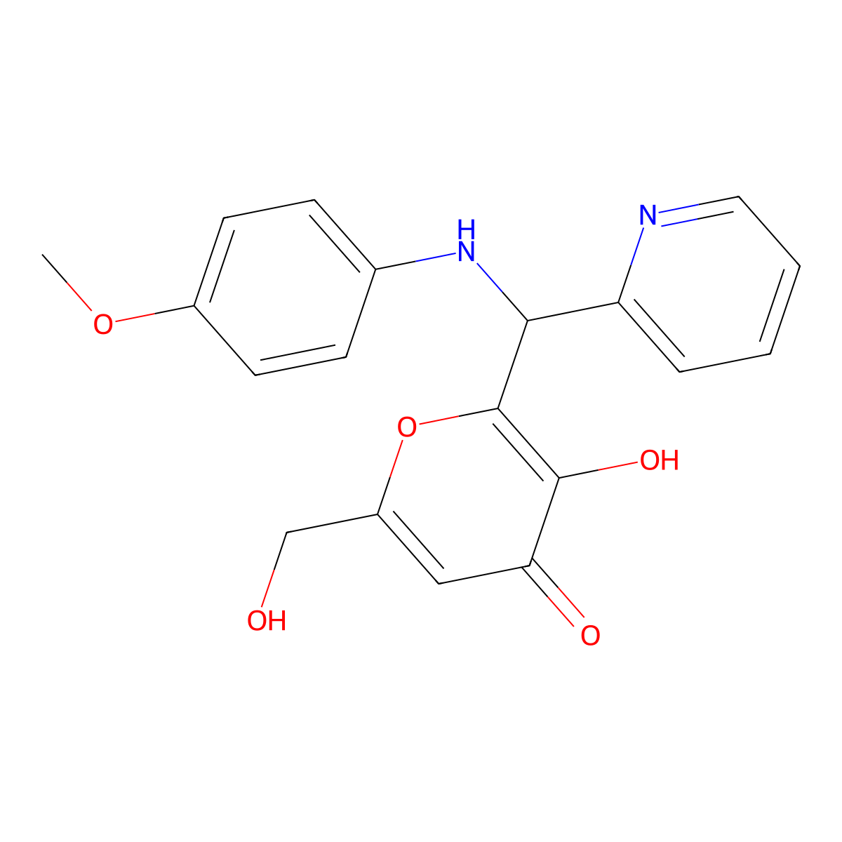 3-hydroxy-6-(hydroxymethyl)-2-{[(4-methoxyphenyl)amino](pyridin-2-yl)methyl}-4H-pyran-4-one molecular structure, CAS 690641-24-8