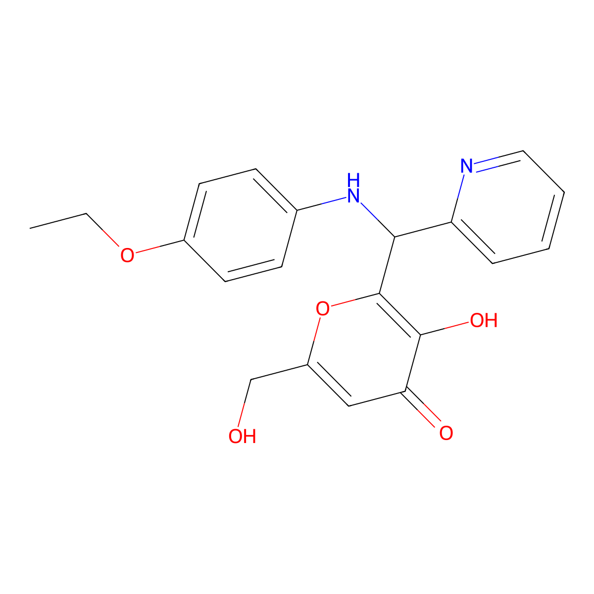 2-[[(4-ethoxyphenyl)amino](pyridin-2-yl)methyl]-3-hydroxy-6-(hydroxymethyl)-4H-pyran-4-one molecular structure, CAS 690641-25-9