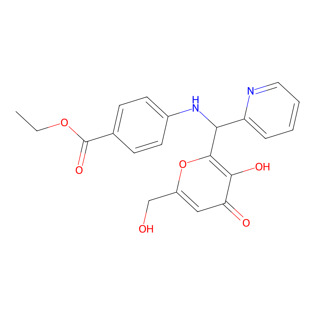 ethyl 4-({[3-hydroxy-6-(hydroxymethyl)-4-oxo-4H-pyran-2-yl](pyridin-2-yl)methyl}amino)benzoate molecular structure, CAS 690641-26-0