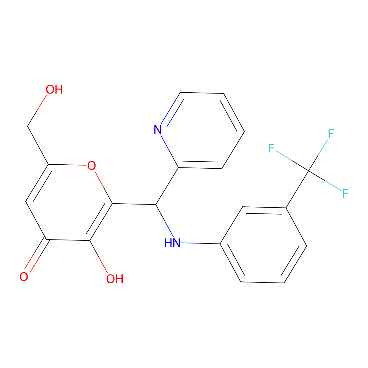 3-hydroxy-6-(hydroxymethyl)-2-(pyridin-2-yl{[3-(trifluoromethyl)phenyl]amino}methyl)-4H-pyran-4-one molecular structure, CAS 690641-29-3