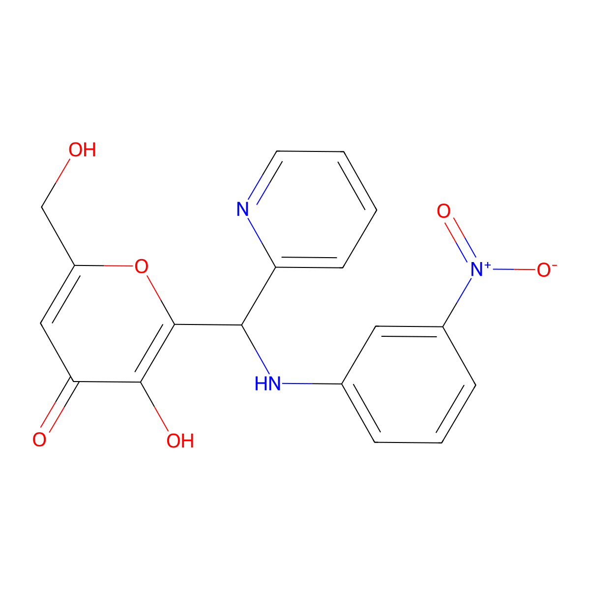 3-Hydroxy-6-(hydroxymethyl)-2-[(3-nitroanilino)-pyridin-2-ylmethyl]pyran-4-one molecular structure, CAS 690641-30-6