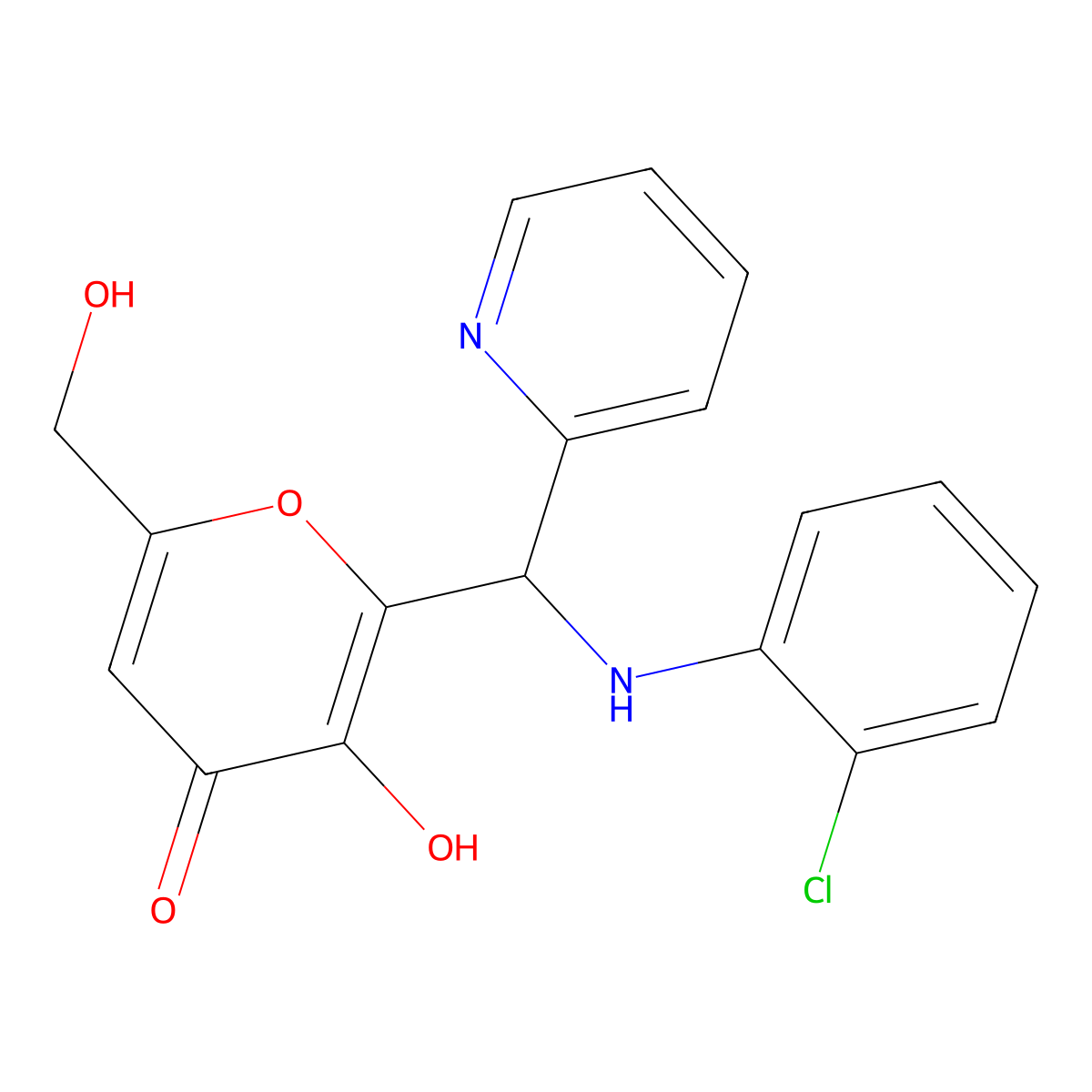 2-{[(2-chlorophenyl)amino](pyridin-2-yl)methyl}-3-hydroxy-6-(hydroxymethyl)-4H-pyran-4-one molecular structure, CAS 690641-31-7