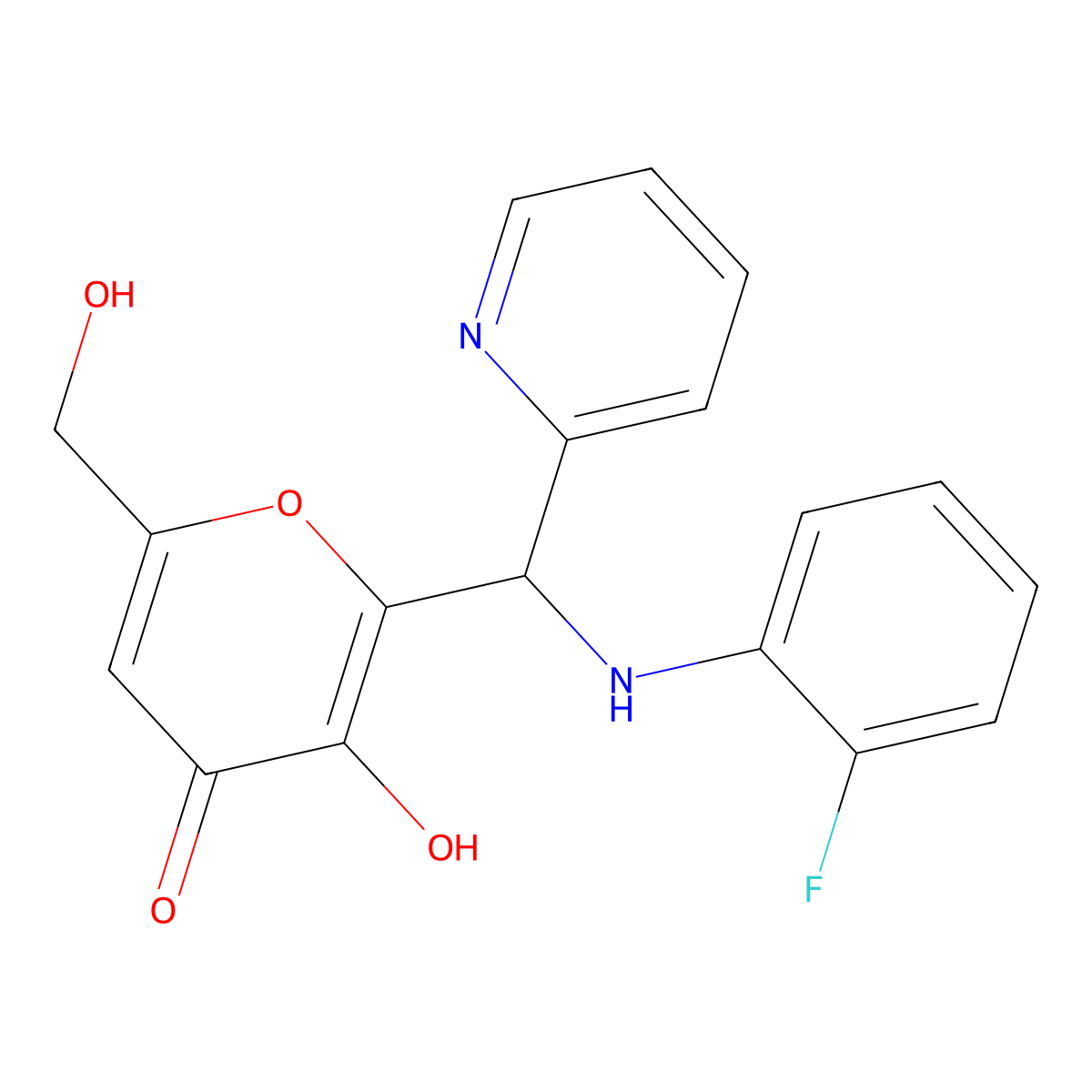 2-{[(2-fluorophenyl)amino](pyridin-2-yl)methyl}-3-hydroxy-6-(hydroxymethyl)-4H-pyran-4-one molecular structure, CAS 690641-32-8