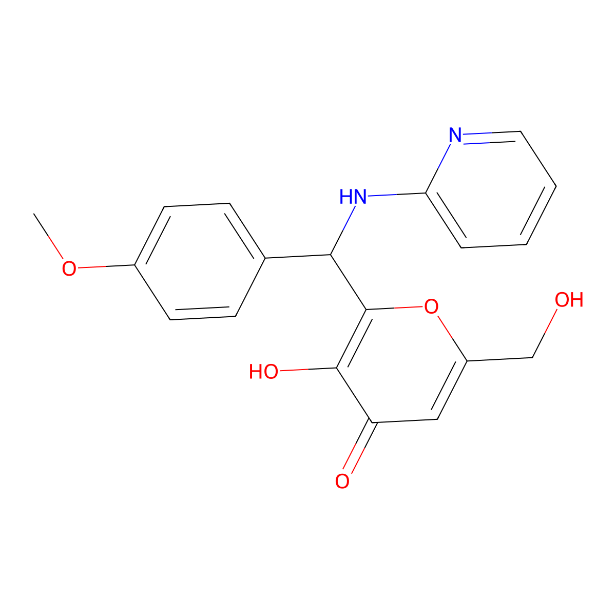 3-hydroxy-6-(hydroxymethyl)-2-((4-methoxyphenyl)(pyridin-2-ylamino)methyl)-4H-pyran-4-one molecular structure, CAS 690641-33-9