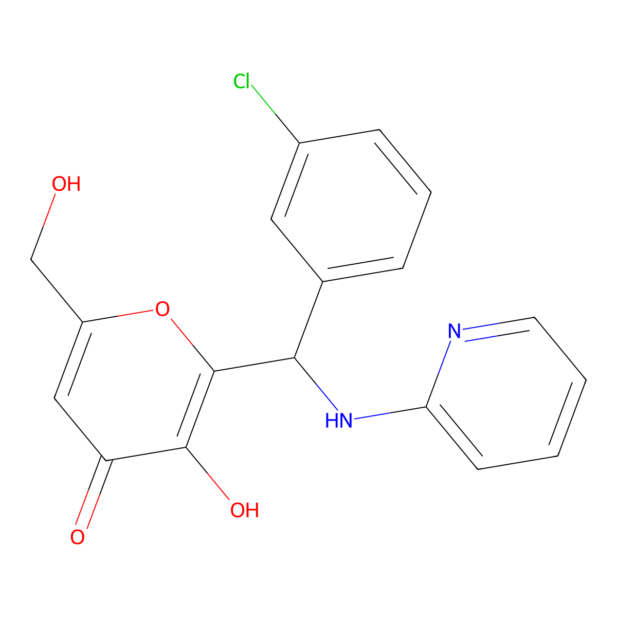 2-[(3-chlorophenyl)(pyridin-2-ylamino)methyl]-3-hydroxy-6-(hydroxymethyl)-4H-pyran-4-one molecular structure, CAS 690641-37-3