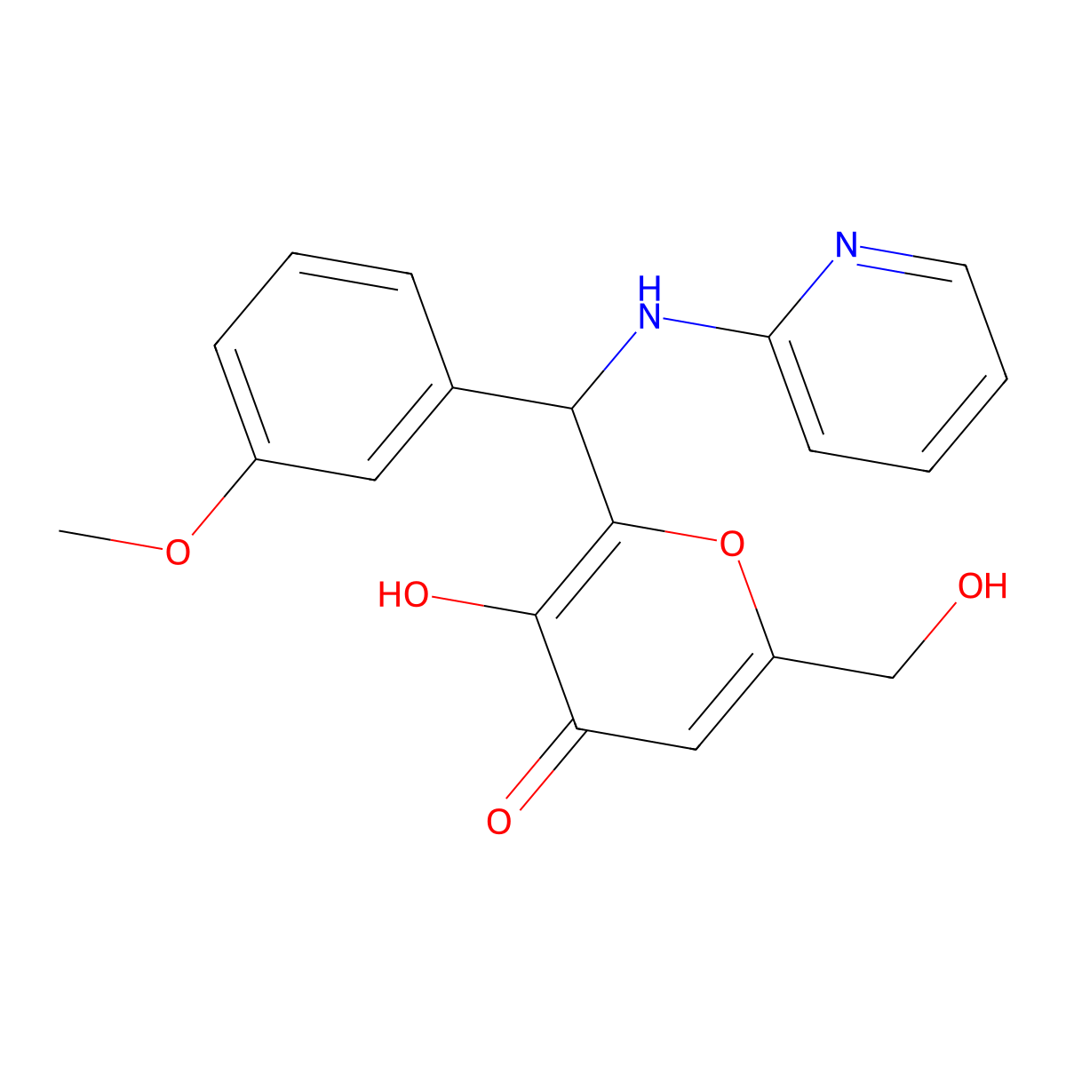 3-Hydroxy-6-(hydroxymethyl)-2-[(3-methoxyphenyl)-(2-pyridinylamino)methyl]-4-pyranone molecular structure, CAS 690641-40-8