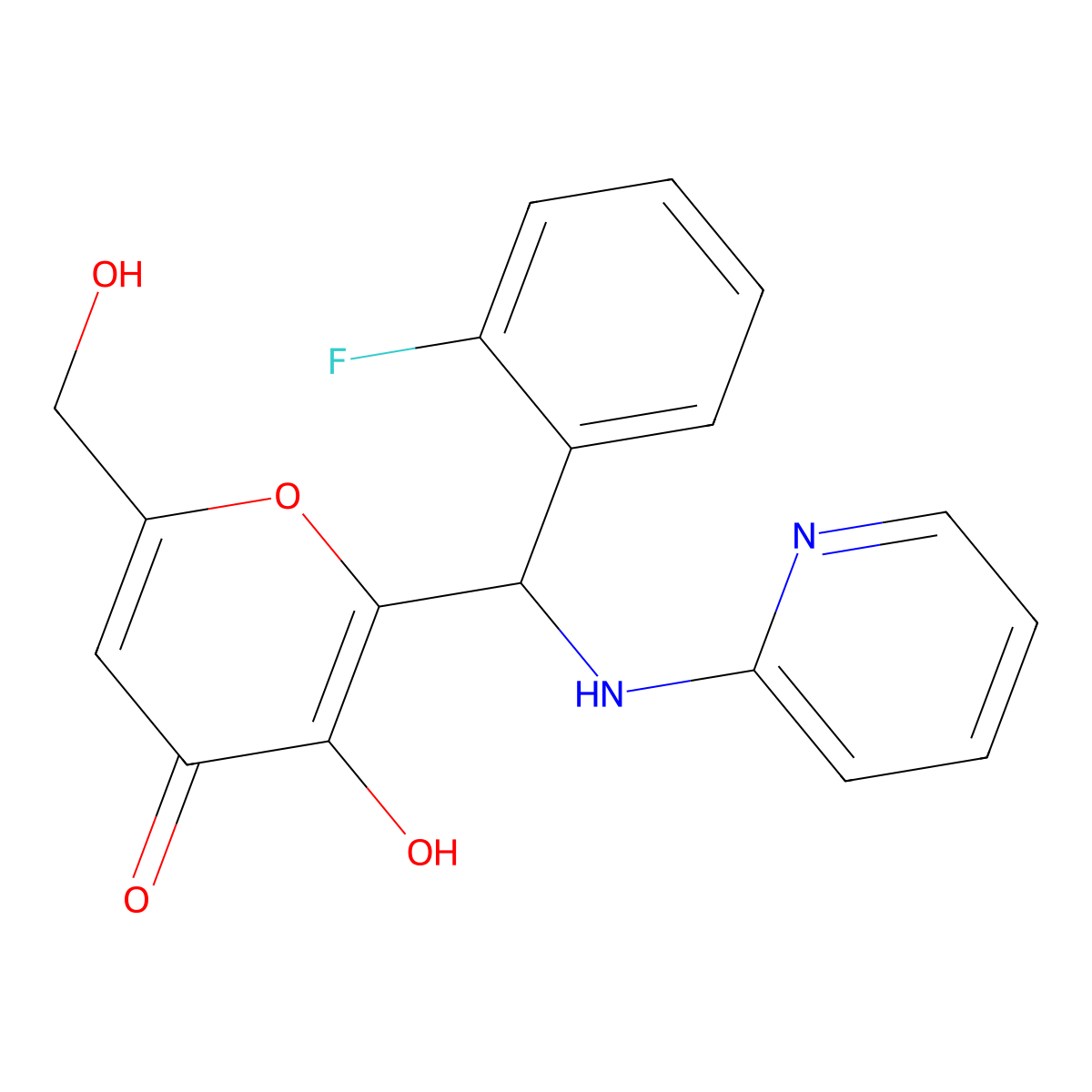 2-((2-fluorophenyl)(pyridin-2-ylamino)methyl)-3-hydroxy-6-(hydroxymethyl)-4H-pyran-4-one molecular structure, CAS 690641-41-9