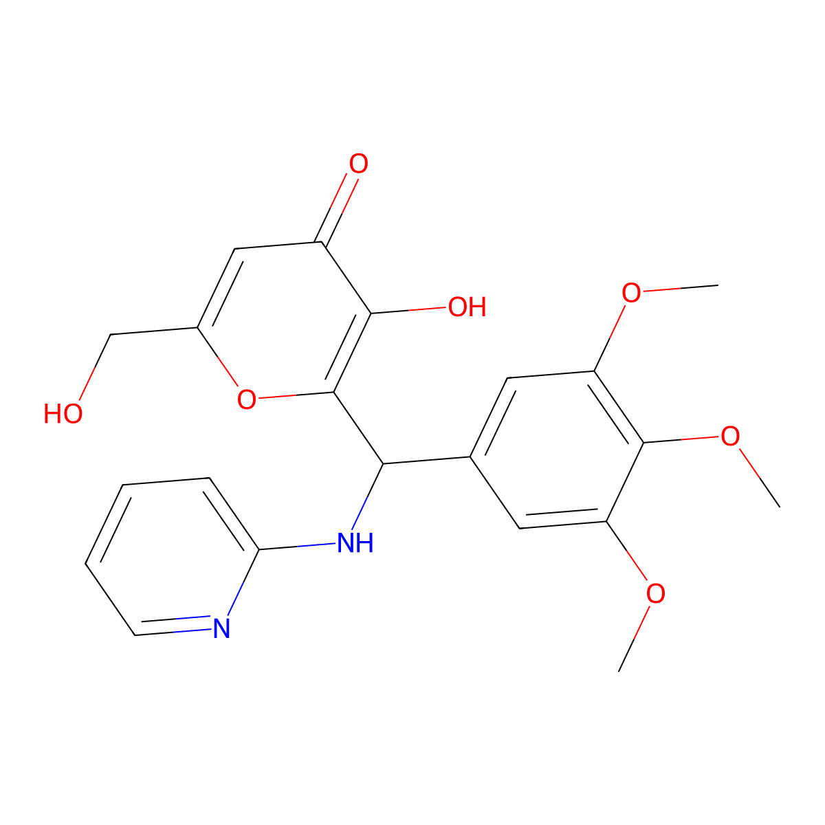 3-hydroxy-6-(hydroxymethyl)-2-[(pyridin-2-ylamino)(3,4,5-trimethoxyphenyl)methyl]-4H-pyran-4-one molecular structure, CAS 690641-43-1