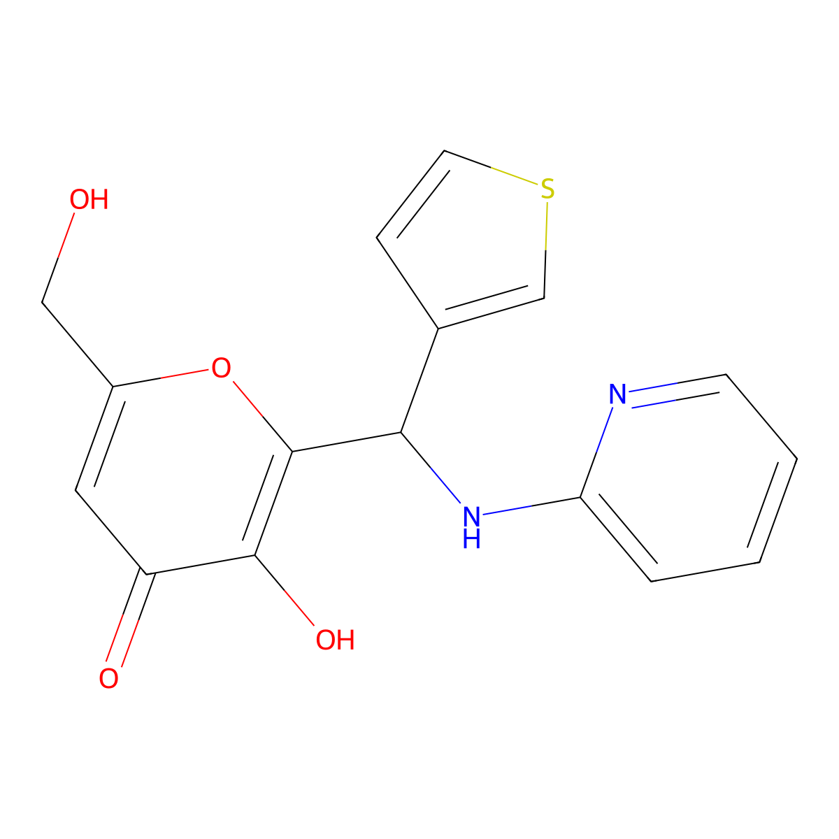 3-Hydroxy-6-(hydroxymethyl)-2-[(2-pyridylamino)-3-thienylmethyl]pyran-4-one molecular structure, CAS 690641-45-3