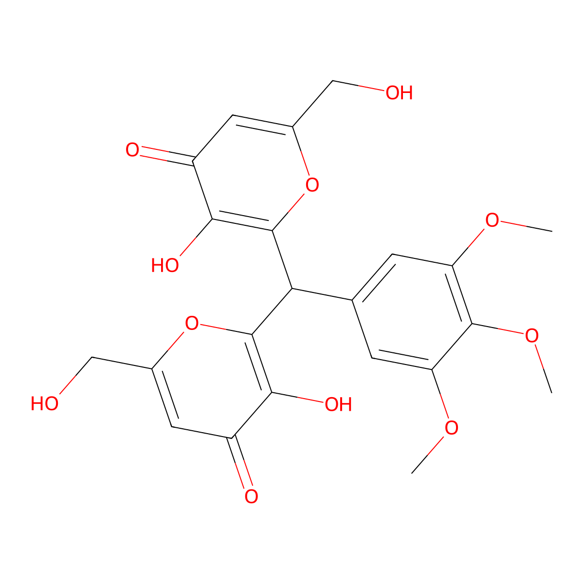 3-hydroxy-2-{[3-hydroxy-6-(hydroxymethyl)-4-oxo-4H-pyran-2-yl](3,4,5-trimethoxyphenyl)methyl}-6-(hydroxymethyl)-4H-pyran-4-one molecular structure, CAS 690642-38-7