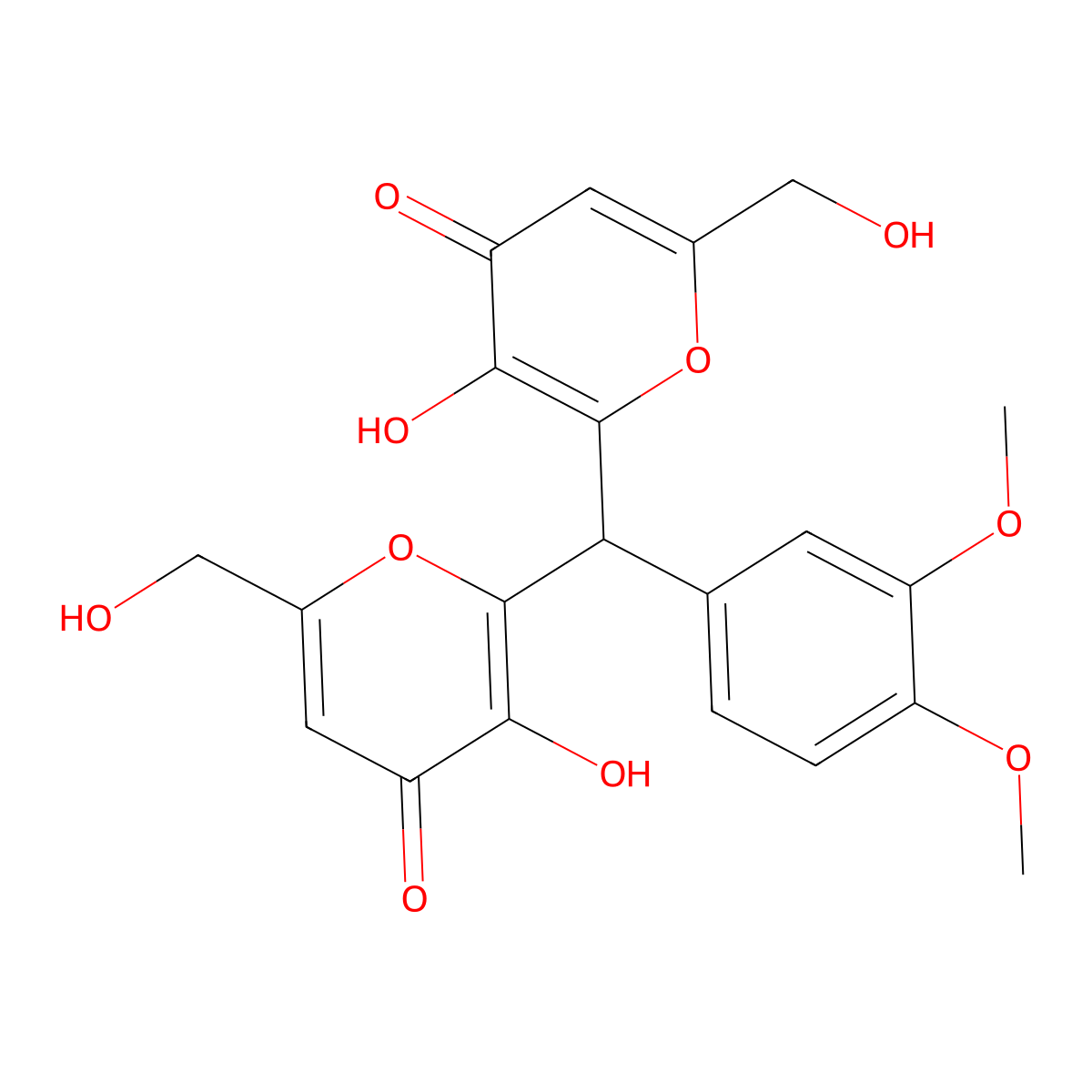 6,6'-((3,4-dimethoxyphenyl)methylene)bis(5-hydroxy-2-(hydroxymethyl)-4H-pyran-4-one) molecular structure, CAS 690642-39-8
