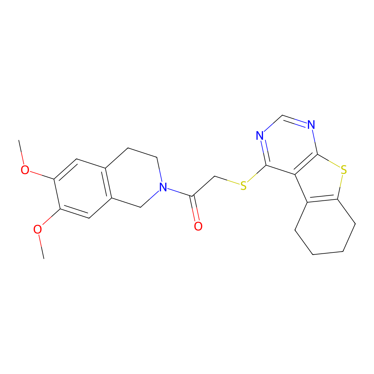 1-(6,7-dimethoxy-3,4-dihydro-1H-isoquinolin-2-yl)-2-(5,6,7,8-tetrahydro-[1]benzothiolo[2,3-d]pyrimidin-4-ylsulfanyl)ethanone molecular structure, CAS 690642-42-3