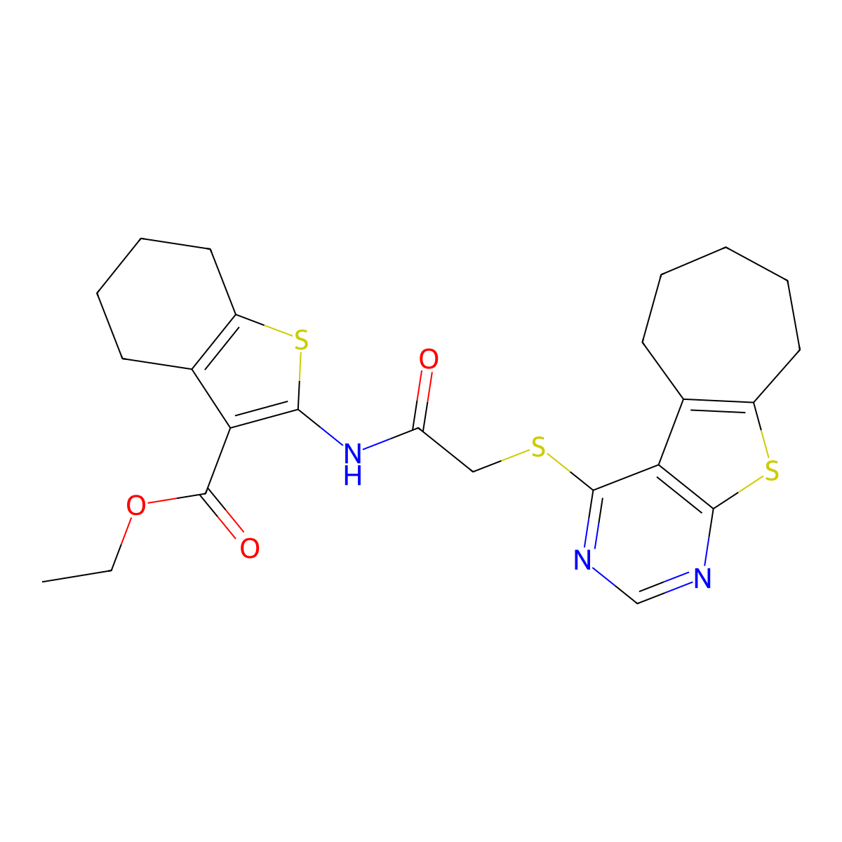 Ethyl 2-(2-{8-thia-4,6-diazatricyclo[7.5.0.0^{2,7}]tetradeca-1(9),2(7),3,5-tetraen-3-ylsulfanyl}acetamido)-4,5,6,7-tetrahydro-1-benzothiophene-3-carboxylate molecular structure, CAS 690642-50-3