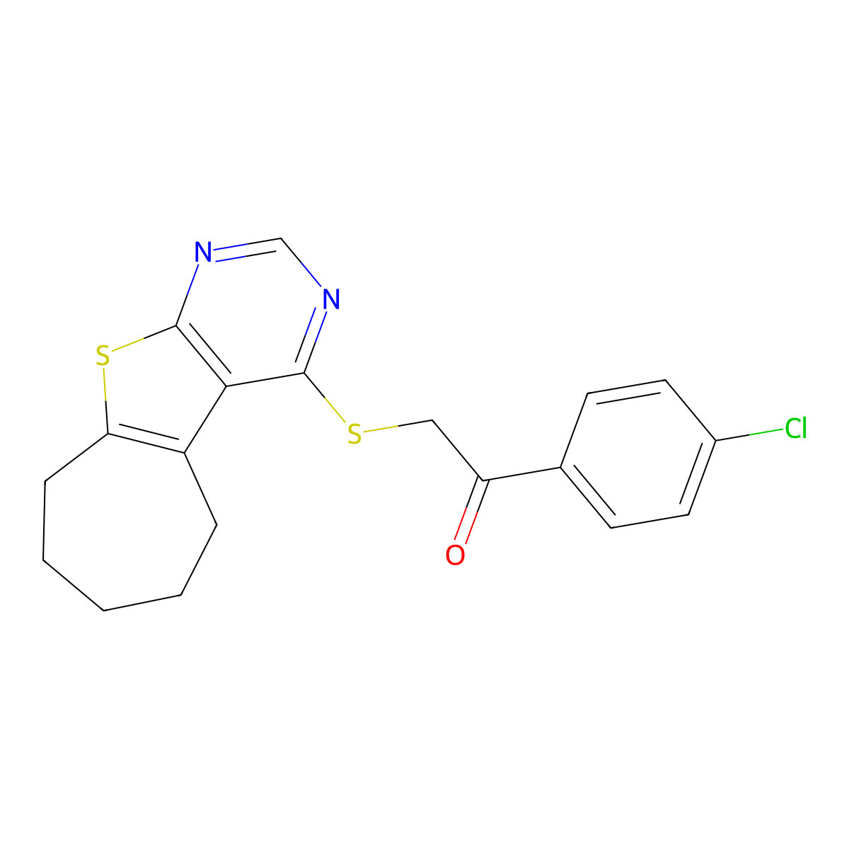 1-(4-chlorophenyl)-2-((6,7,8,9-tetrahydro-5H-cyclohepta[4,5]thieno[2,3-d]pyrimidin-4-yl)thio)ethanone molecular structure, CAS 690642-54-7