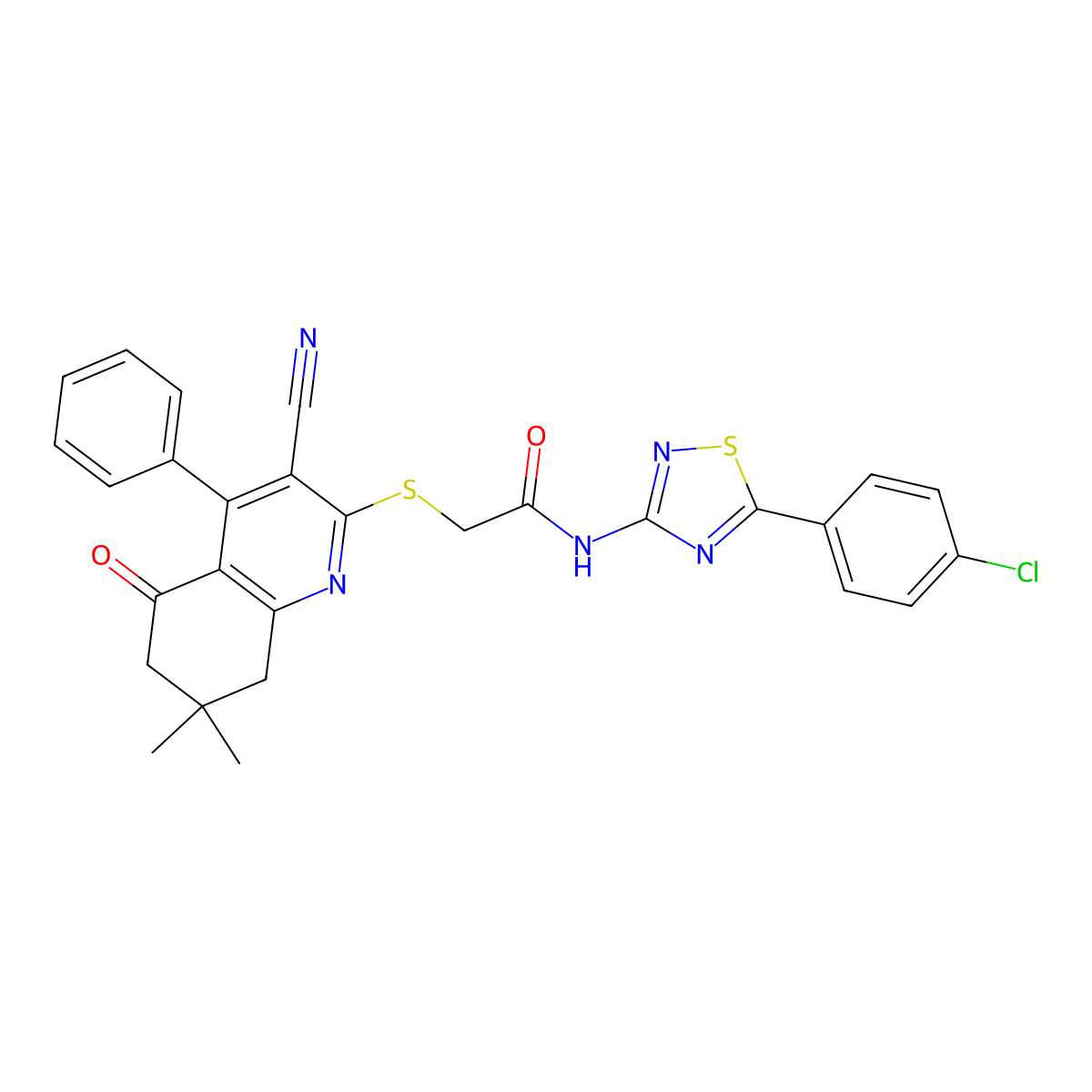 N-[5-(4-chlorophenyl)-1,2,4-thiadiazol-3-yl]-2-[(3-cyano-7,7-dimethyl-5-oxo-4-phenyl-6,8-dihydroquinolin-2-yl)sulfanyl]acetamide molecular structure, CAS 690642-67-2