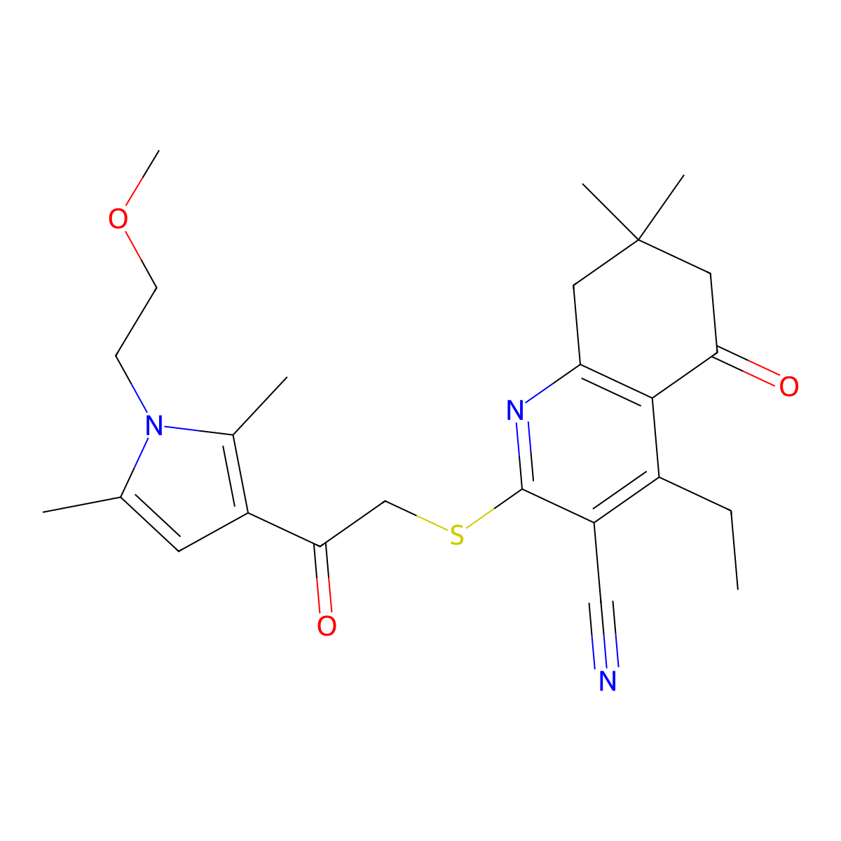 4-Ethyl-2-[2-[1-(2-methoxyethyl)-2,5-dimethylpyrrol-3-yl]-2-oxoethyl]sulfanyl-7,7-dimethyl-5-oxo-6,8-dihydroquinoline-3-carbonitrile molecular structure, CAS 690642-69-4