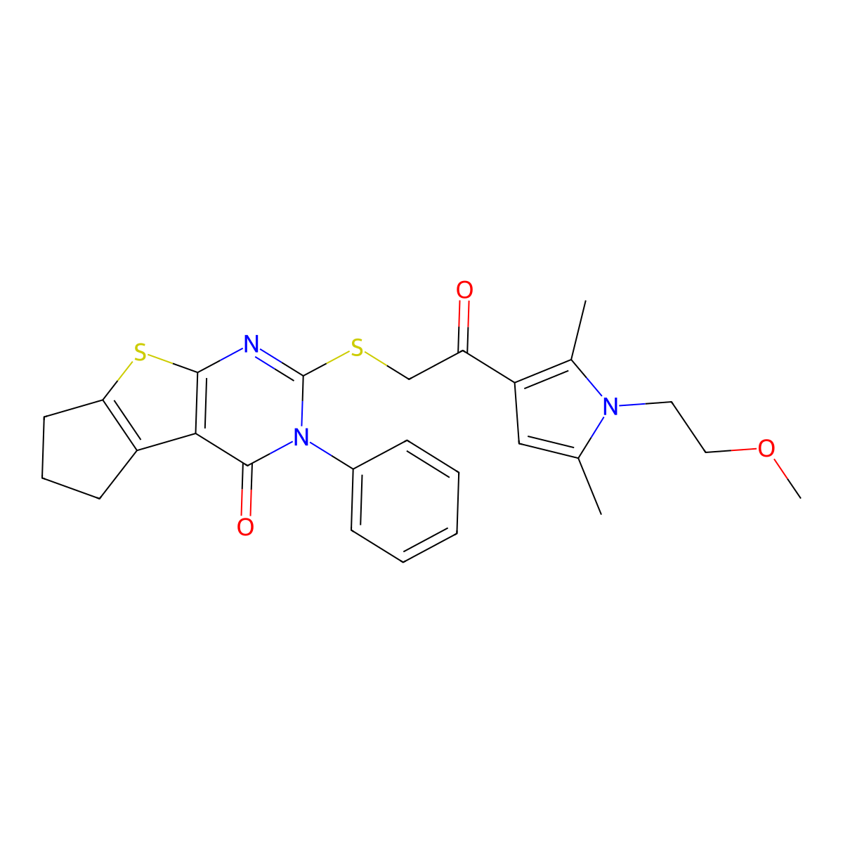 10-({2-[1-(2-methoxyethyl)-2,5-dimethyl-1H-pyrrol-3-yl]-2-oxoethyl}sulfanyl)-11-phenyl-7-thia-9,11-diazatricyclo[6.4.0.0^{2,6}]dodeca-1(8),2(6),9-trien-12-one molecular structure, CAS 690642-73-0