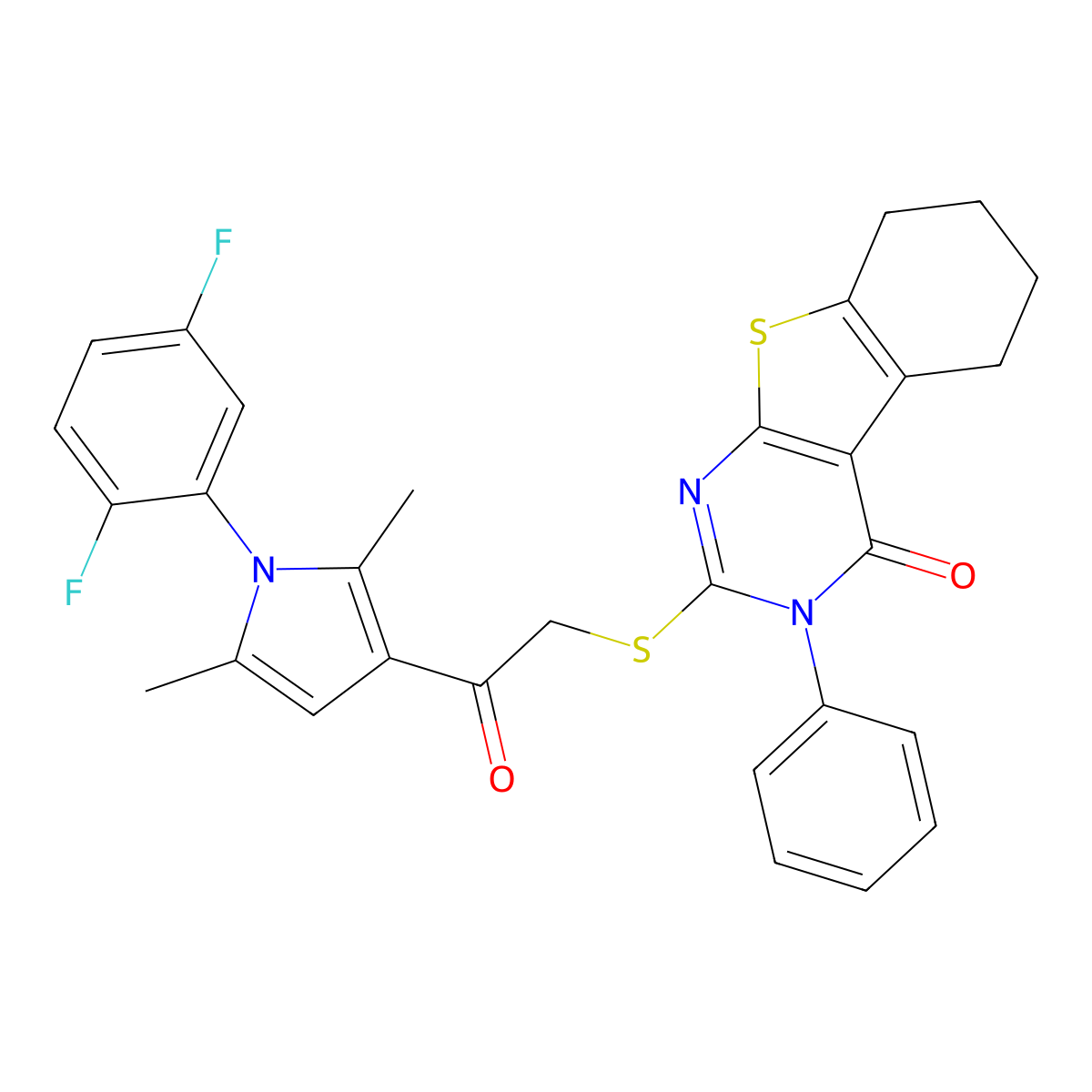 2-[2-[1-(2,5-Difluorophenyl)-2,5-dimethylpyrrol-3-yl]-2-oxoethyl]sulfanyl-3-phenyl-5,6,7,8-tetrahydro-[1]benzothiolo[2,3-d]pyrimidin-4-one molecular structure, CAS 690642-74-1