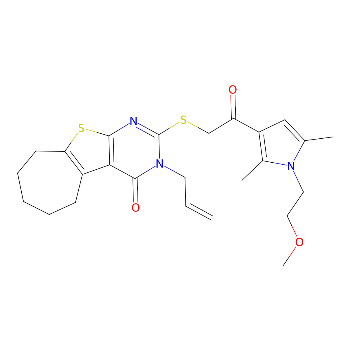 5-({2-[1-(2-methoxyethyl)-2,5-dimethyl-1H-pyrrol-3-yl]-2-oxoethyl}sulfanyl)-4-(prop-2-en-1-yl)-8-thia-4,6-diazatricyclo[7.5.0.0^{2,7}]tetradeca-1(9),2(7),5-trien-3-one molecular structure, CAS 690642-77-4