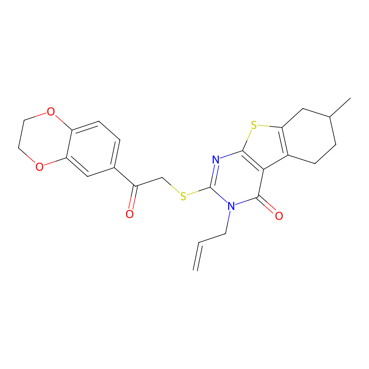 2-[2-(2,3-Dihydro-1,4-benzodioxin-6-yl)-2-oxoethyl]sulfanyl-7-methyl-3-prop-2-enyl-5,6,7,8-tetrahydro-[1]benzothiolo[2,3-d]pyrimidin-4-one molecular structure, CAS 690642-78-5