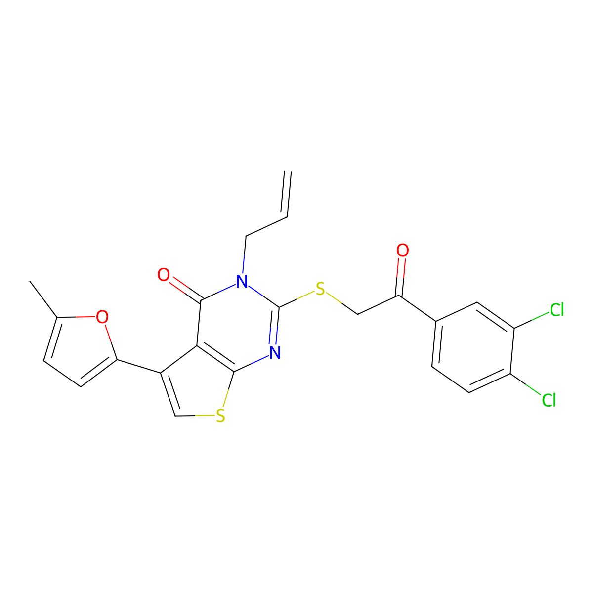2-{[2-(3,4-dichlorophenyl)-2-oxoethyl]sulfanyl}-5-(5-methylfuran-2-yl)-3-(prop-2-en-1-yl)-3H,4H-thieno[2,3-d]pyrimidin-4-one molecular structure, CAS 690642-79-6