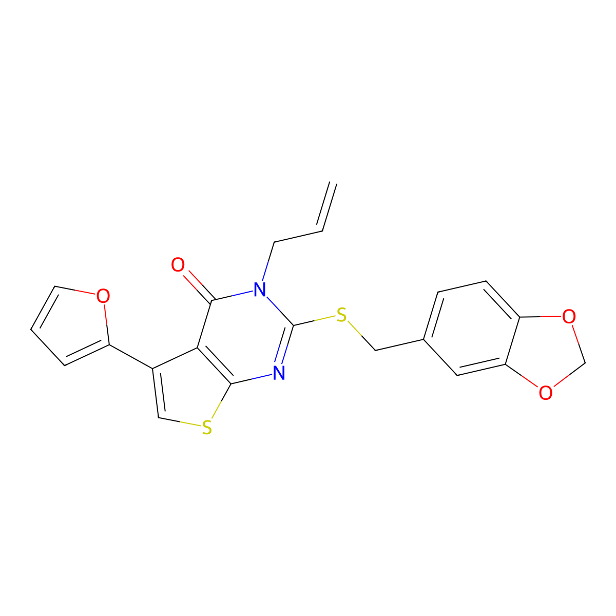 2-(1,3-Benzodioxol-5-ylmethylthio)-5-(2-furanyl)-3-prop-2-enyl-4-thieno[2,3-d]pyrimidinone molecular structure, CAS 690642-81-0