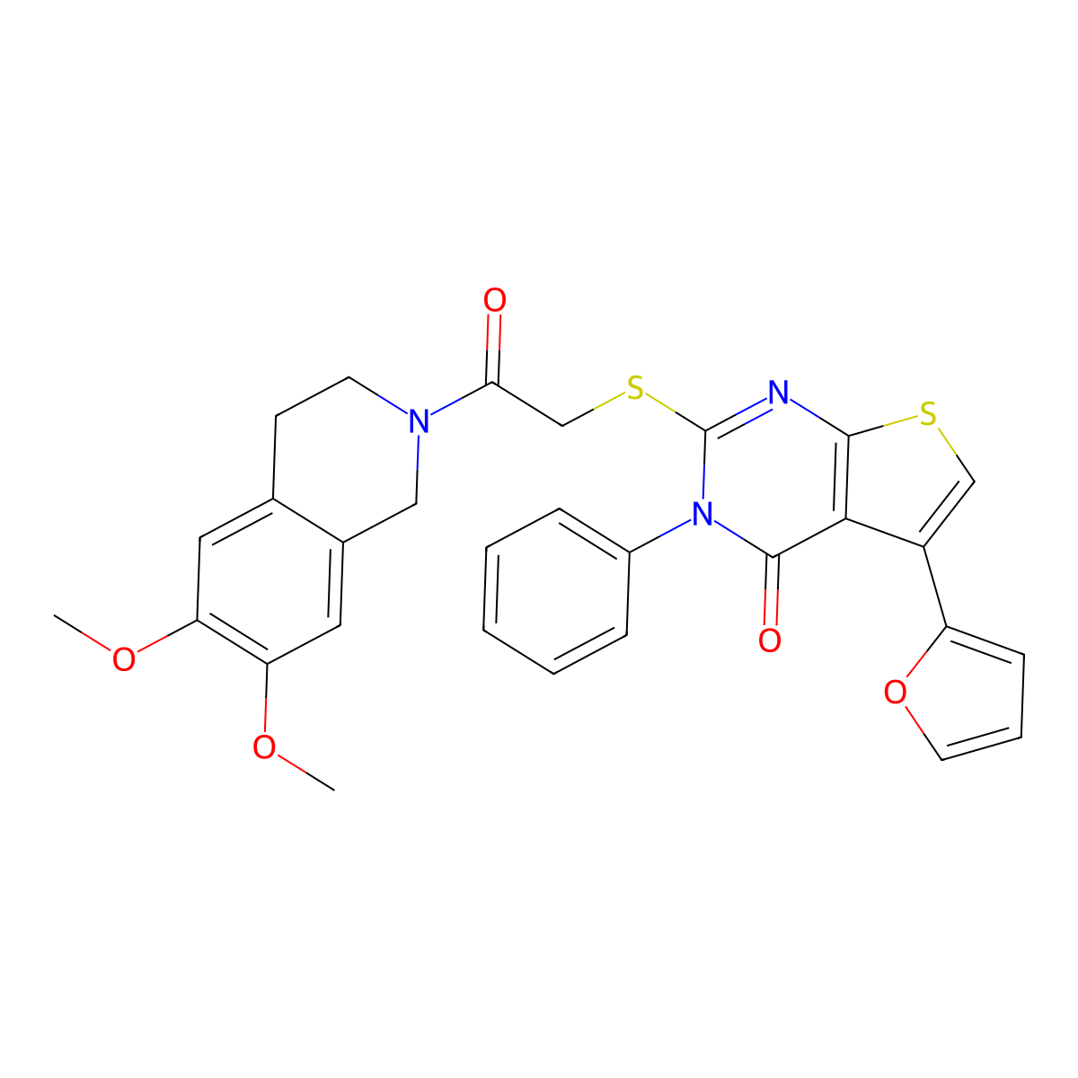 2-((2-(6,7-dimethoxy-3,4-dihydroisoquinolin-2(1H)-yl)-2-oxoethyl)thio)-5-(furan-2-yl)-3-phenylthieno[2,3-d]pyrimidin-4(3H)-one molecular structure, CAS 690642-83-2