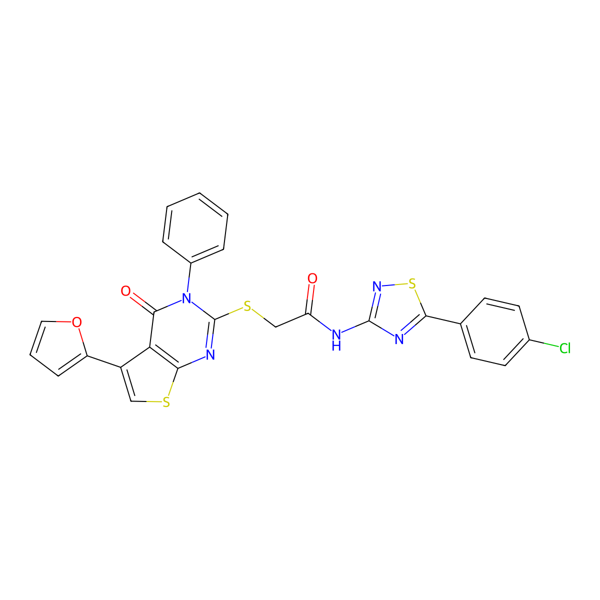 N-[5-(4-chlorophenyl)-1,2,4-thiadiazol-3-yl]-2-[5-(furan-2-yl)-4-oxo-3-phenylthieno[2,3-d]pyrimidin-2-yl]sulfanylacetamide molecular structure, CAS 690642-85-4