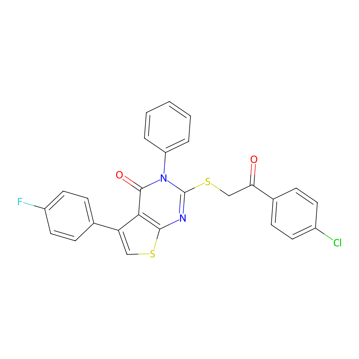 2-[2-(4-Chlorophenyl)-2-oxoethyl]sulfanyl-5-(4-fluorophenyl)-3-phenylthieno[2,3-d]pyrimidin-4-one molecular structure, CAS 690642-87-6
