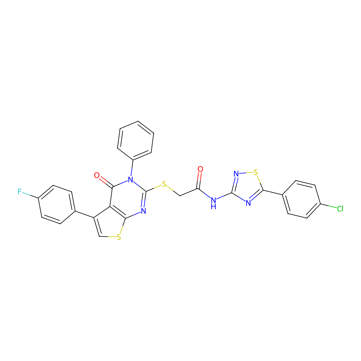 N-[5-(4-chlorophenyl)-1,2,4-thiadiazol-3-yl]-2-[5-(4-fluorophenyl)-4-oxo-3-phenylthieno[2,3-d]pyrimidin-2-yl]sulfanylacetamide molecular structure, CAS 690642-89-8