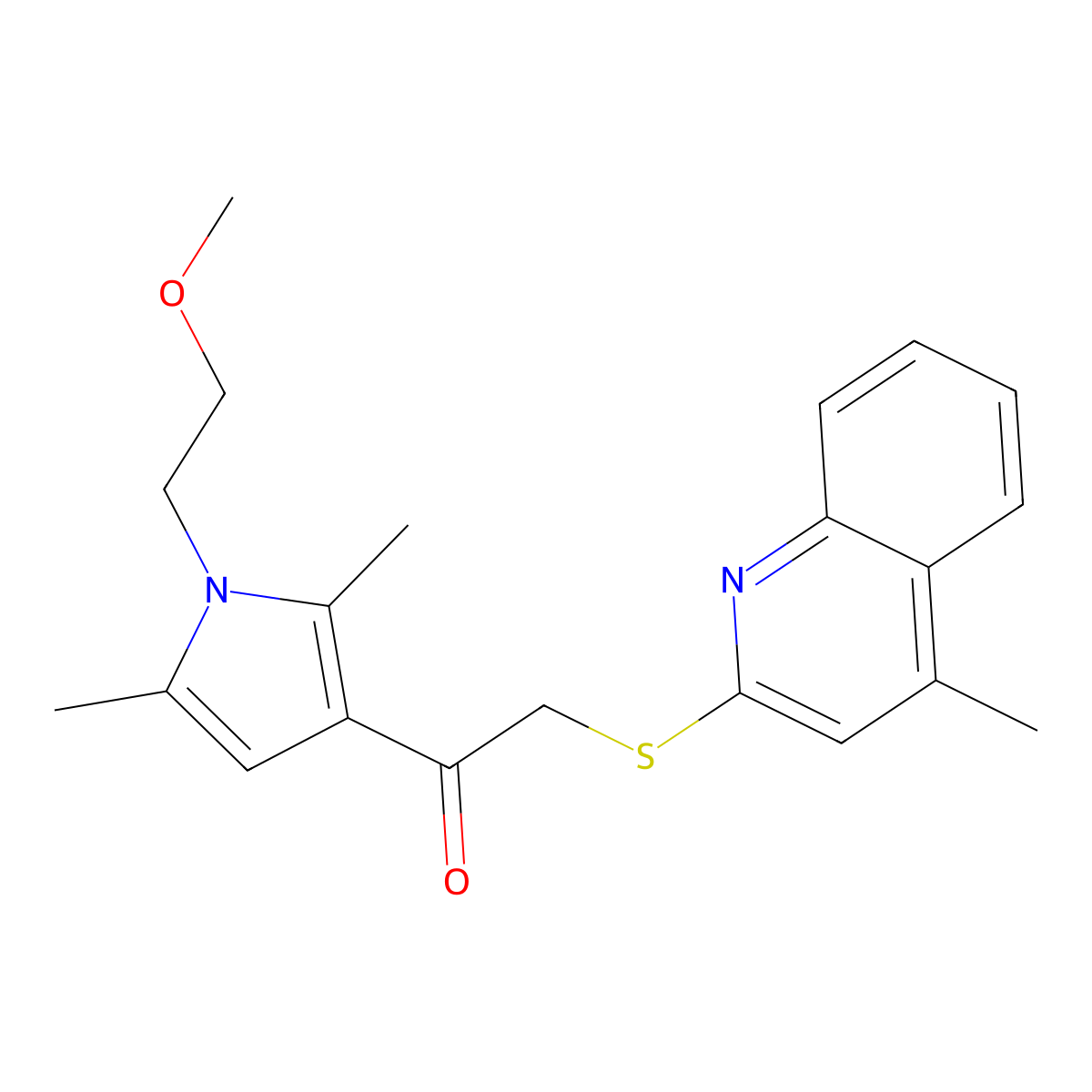 1-(1-(2-methoxyethyl)-2,5-dimethyl-1H-pyrrol-3-yl)-2-((4-methylquinolin-2-yl)thio)ethanone molecular structure, CAS 690643-03-9