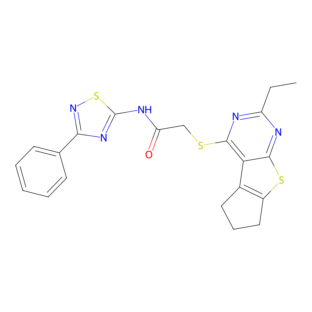 2-({10-ethyl-7-thia-9,11-diazatricyclo[6.4.0.0^{2,6}]dodeca-1(8),2(6),9,11-tetraen-12-yl}sulfanyl)-N-(3-phenyl-1,2,4-thiadiazol-5-yl)acetamide molecular structure, CAS 690643-64-2