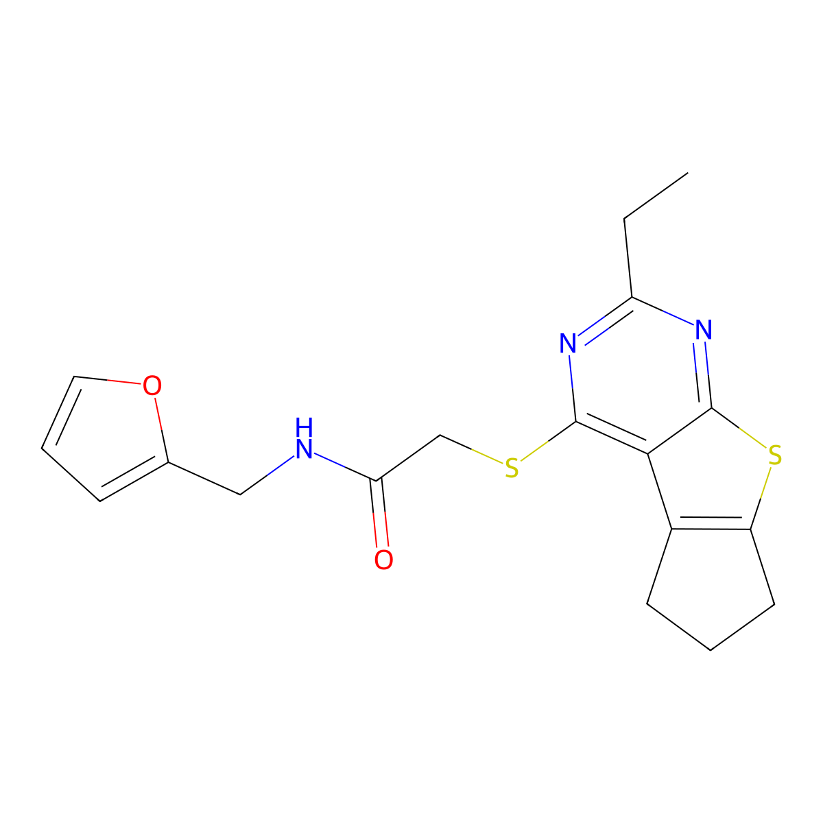 2-({10-ethyl-7-thia-9,11-diazatricyclo[6.4.0.0^{2,6}]dodeca-1(8),2(6),9,11-tetraen-12-yl}sulfanyl)-N-[(furan-2-yl)methyl]acetamide molecular structure, CAS 690643-66-4